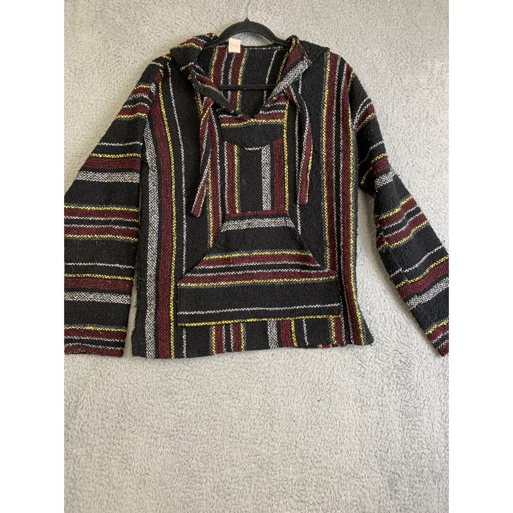 Baja Hoodie Pullover Mens Large Striped Mexican Drug Rug Sweater Hippie Festival